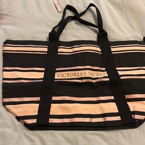 Victoria's Secret Black and Pink zippered Tote Bag with Striped Design